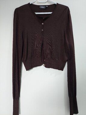 Mexx Women's XL Brown Cropped Crewneck Cardigan Silk Blend